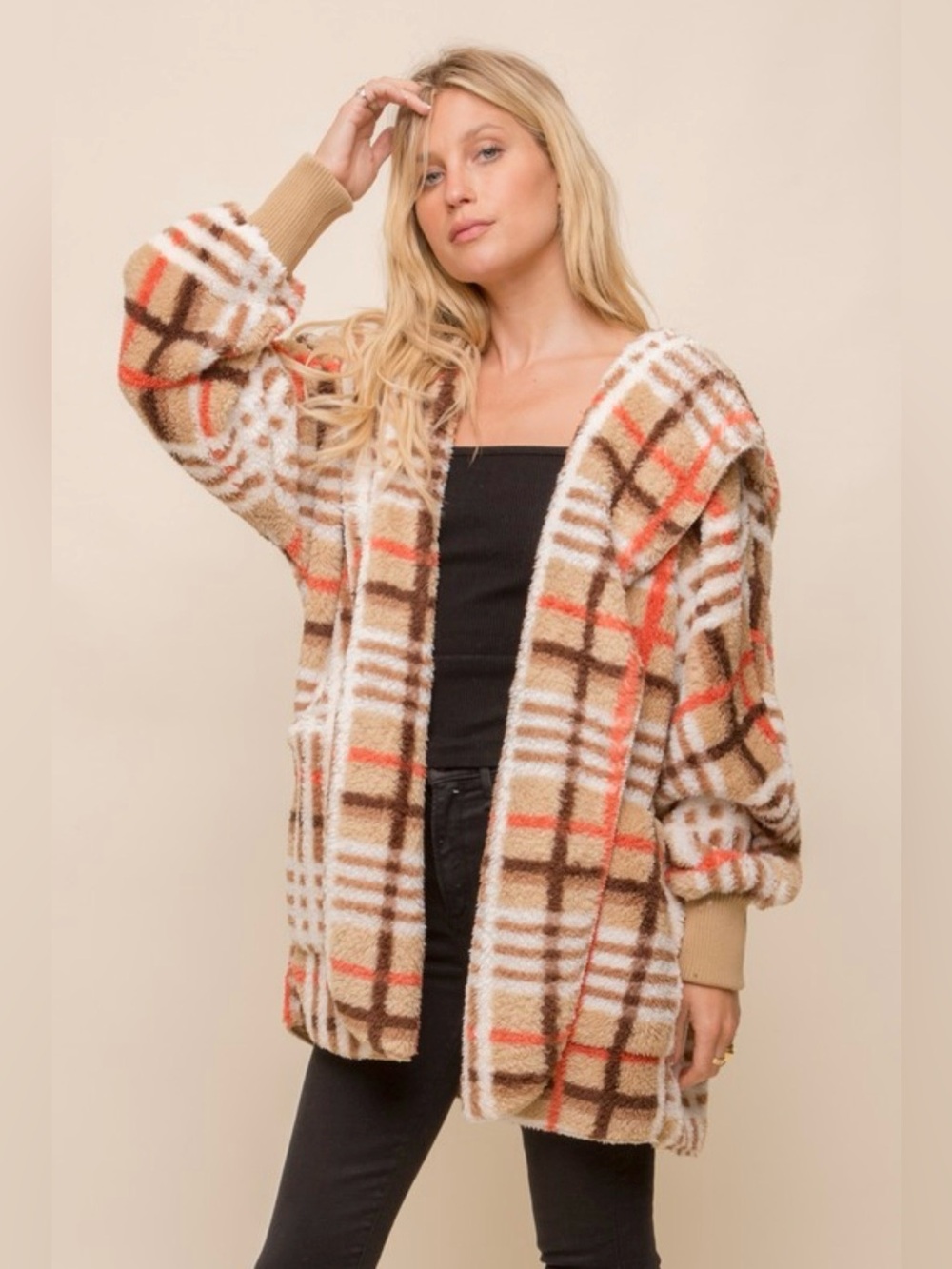 NWT Hem & Thread Plaid Fuzzy Sherpa Hooded Cardigan Coat One Size